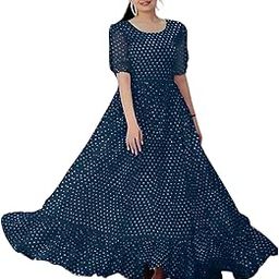 Women's Georgette Half Sleeve Round Neck Flared Casual Formal Gown | Printed Georgette Stitched Flared/A-line Gown-image-61