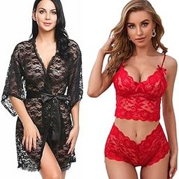 Sexy Babydoll Lace Robe and Lace Lingerie Bikini (Bra-Panty) Set for Women & Girls - Honeymoon and Wedding Night-image-88