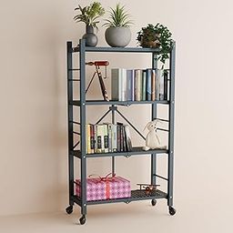 Foldable 4-Tier Storage Shelf | Foldable Metal Bookcase| Multi Purpose Display Unit with Wheels (Graphite Grey)-image-61
