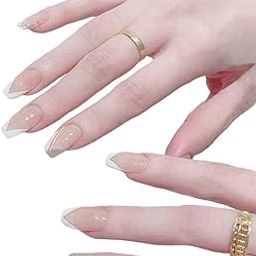 Secret Lives Reusable Artifical Press On Nails Translucent Nude Peach Color with French Nude Glitter Design Fake Nails Design 24 Pieces Set Kit-44