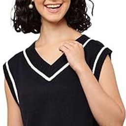 Women's Cotton with V-Neck Sleeveless Dark Blue Sweater Vest-image-89