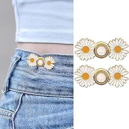 ZURATO Colorfull Sun Flower Adjustable Jean Button, Pant Waist Tightener Pins, No Sew and No Tools Detachable Decorative Waist Button, Waist Adjustment Button Extender (White - Gold, Pack of - 2)-20