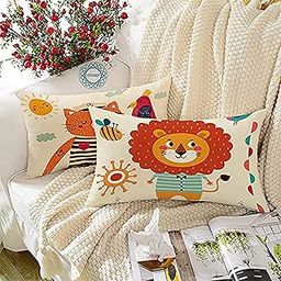 STITCHNEST Animals Printed Poly Cotton Rectangular Cushion Cover Set of 2 (12 X 18 Inches)-19