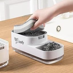 Leafly 2 in 1 Soap Dispenser for Bathroom Accessories Dishwasher Liquid Holder Liquid Dispenser Pump 400 ML with Sponge Holder Kitchen Sink Accessories Items (Multi-Color) (Grey & White_D200)-30