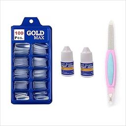 GOLD MAX 100 Pcs. Artificial Nails Transparent, 2 Pcs Nail Glue And Nail Filer-image-36