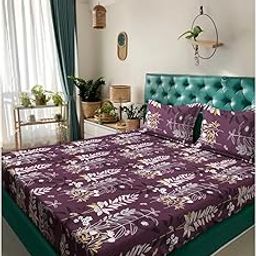Klotthe Purple Floral 300 TC Cotton Blend Double Bedsheet in Book Fold Packing-image-3