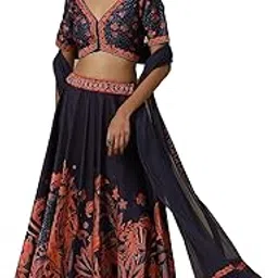 aarke ritu kumar Navy FLoral Printed Lehenga With Blouse And Dupatta-picture-40