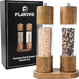 FLAVIVO Wooden Salt and Pepper Grinder Set, Manual Premium Acrylic Salt and pepper Mills with Adjustable Ceramic Core and Wooden Stand, 8-Inch Refillable Giftable Shakers (2 Pieces with Tray)-image-58