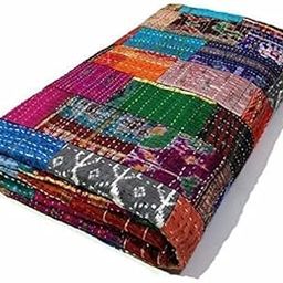 Fashion Hub Textile Work Creations Quilt Bedcover Bedspread Kantha Quilt Indian Bedding Blue Grey Throw Tapestry Hand Embroidered Pure Cotton Quilted Bedding 90 X 108 Inches (Queen Size), skinfriendly-image-56