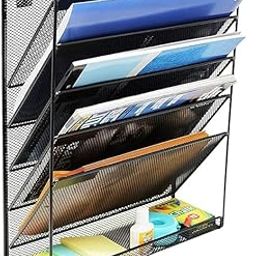 Wall Mounted File Organizer - 5 Tier Mesh Magazine Holder for Office and Home, Black Metal Hanging Rack, Stationery Organizer for Office-5