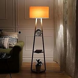 Modern Floor Lamp with Storage Shelves, Drum Shade, Wooden Stand, Living Room Decor Tripod Design, Soft Ambient Light Storage for Home Decor-Modern Wooden Floor Lamp size-12-12-50 inch (Yellow)-picture-8