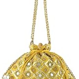 Kuber Industries Silk Traditional Mirror Work Clutch Potli Batwa Pouch Hand Bag for Bridal, Casual, Party, Wedding (Gold)-KUBMART11484, Standard-image-9
