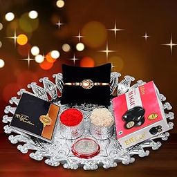 Periapt (K1_303_CM32+DS) Multicolor Diamond shaped Rakhi Combo & Effete Chocolate Magic 32gm & Pooja Thali with Silver Color Pooja Coin, Roli Chawal & Greeting Card | Occasion | Rakhi & Chocolate for brother | bracelets for men stylish | rakhi with gift | Rakhi Combo | Set of 1 Rakhi | Rakhi Chocolate Gift combo-image-3