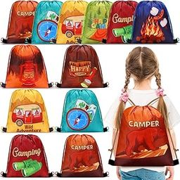 Paterr 12 Pcs Camping Party Favor Bags Camp Party Drawstring Gifts Bags Camping Theme Goodie Candy Bags Camping Adventure Drawstring Backpack Happy Camper Birthday Party Decorations Supplies for Kid-image-39