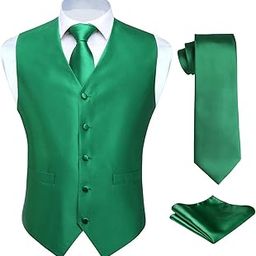 3pc Men's Solid Color Woven Dress Waistcoat & Necktie and Pocket Square Vest Suit Tuxedo Set Green-image-62
