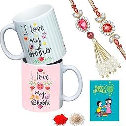 Kaameri Bazaar Rakhi for Brother and Bhabhi Gift Pack (Designer Lumba Rakhi Set, 2 Printed Coffee Mug, Rakshabandhan Special Card, Roli Chawal-image-85