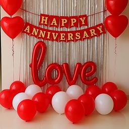 SF ENTERPRISE Anniversary Decoration Kit – 60 Balloons (30 Red, 30 White), 5 Heart Balloon, 1 Love Foil, 2 Silver Curtains, Happy Anniversary Banner, Double Tape – Romantic Room Décor-image-19