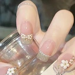 TREXEE Acrylic Fake Reusable False Artifical Press On Nails Translucent Pink Color With Silverish Golden Glitter 3D Flowers And Pearl Design 24 Pieces With Kit-40