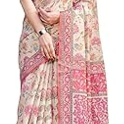 Traditional Cotton Silk Saree for Women with Floral Print, Pink Border, Tassels and Blouse Piece, Designer Saree, 5.5 Metres Off-White-52