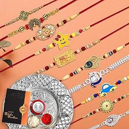 Oblivion Pooja Thali with Rakhi Set for Brother – Silver and Golden Mixed Design Set of 10 with Multicolor Beads Rakhi for Kids with Silver Color Coin & Greeting Card, Raksha Bandhan Celebration Combo-image-89