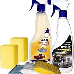MAX Essential Car Care Kit (Pack of 7 Pieces) - Conatins 500 ML Each of Dashboard/Tyre Shiner and Liquid Wax Polish, 2 Foam Applicators and 3 Microfiber Cloths-12