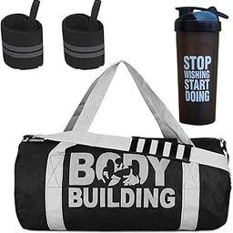 GROUPERS Duffle Canvas Bag with Shaker Bottle-700ml & Wrist BandlSports & Travel BaglSports Kitl (Black)-image-31