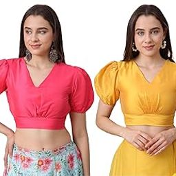 Frolic Rolic Bright Pink & Yellow Silk Blend V-Neck Puff Sleeves Blouse Pack of 2-image-11