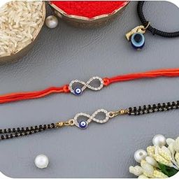 Infinity Evil Eye Rakhi Set for Bhai & Bhabhi – Red Thread Protective Raksha Bandhan Rakhi for Couple with Roli Chawal & Evil Eye Bracelet-image-1