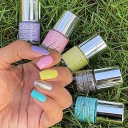 DeBelle Gel Nail Polish Combo Set of 5 Cherry Cola Pastels - Blueberry Crepe (Lavender), Cherry Macaron (Powder Pink ), Lemon Tart (Lemon Yellow), Sparkling Dust (Glitter), Peppermint Pudding (Mint Green) 40 ml (8 ml Each)-1