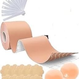 Boob Tape Kit Breathable Instant Boob Tape with 10 Nipple Pasties for Fashion, 36 Strips Double Sided Fashion Body Tape for Women Clothes,1 Pair Reusable Nipple Cover Reusable for Women (Beige)-image-97