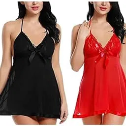 Women’s Net Lace Babydoll Lingerie Set of Midi/Nighty/Nightgown with G Straw Panty, Sexy Sleepwear Sling Dress Set-image-103