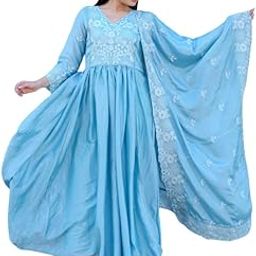 Women?s Light Blue Embroidered Georgette Gown with Dupatta & Pant with 3/4 Sleeve Flared One Piece Dress Floor Length Anarkali Style Gown Floor Length Ethnic Gown for Women-picture-8