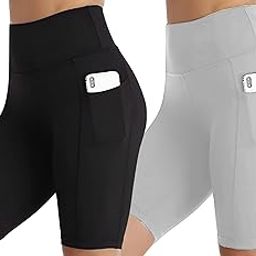 High-Waisted Workout Shorts for Women, Cycling Shorts, Yoga Side Pockets, Black and Navy, Pack of 2-image-126