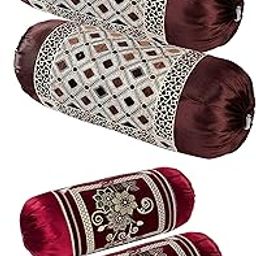 HSR Collection Chenille Velvet Bolster Cover, Bolster Pillow Cover Set of 4, Round Pillow Cover Set of 4-32 x 16 inches | Maroon and Brown-image-88