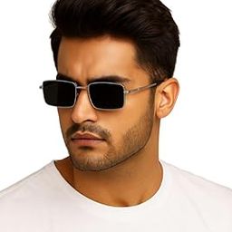 Classic Rectangular Metal Frame Sunglasses, Silver Frame with Black Lenses, UV Protection-picture-21