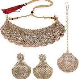 Graceful Curve Shaped Gold Plate White AD Stone Choker Necklace Set With Earring And Maangtika | Jewellery Set For Women (NS105608)-34