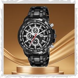 Men's Chronograph Watch, 50mm Black Stainless Steel Band, Rose Gold Accents, Quartz Movement-picture-41
