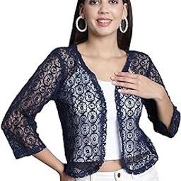 Women Self Design Lace Regular Front Open Shrug (FM-SHRG-11_N) Navy Blue-18