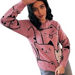 berrylush Women Cat Printed Round Neck Drop-Shoulder Sleeves Ribbed Hem Regular Sweater-picture-20