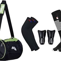 MattZig® Club Football Kit (One Pair of Striped Lycra Socks + One Pair of Shin Guard + One Pair of Cotton Arm Sleeves + One Kit Bag) (Green, Black)-image-46