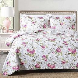 Boryard 3-Piece Full Queen Quilt Set, Lightweight Soft Full Size Quilt Bedspread Coverlet (90x90 inches) Bedding Set with 2 Pillow Shams (20x26 inches), Rose Floral Print-image-70