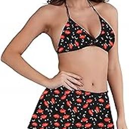 Halter Neck Babydoll Dress | Black with Red Lip Print | Adjustable Straps & Flowy Skirt | Lightweight Nightwear for Romance & Parties-image-80