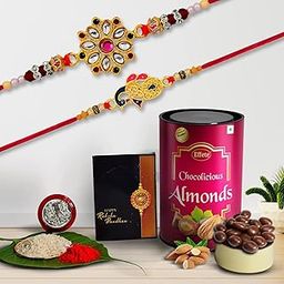 DeoDap (K2_357+353_CA) Multicolor Rakhi Combo & Effete Chocolate Almonds 96gm with Silver Color Pooja Coin, Roli Chawal & Greeting Card | Occasion | Rakhi & Chocolate for brother | bracelets for men stylish | rakhi with gift | Rakhi Combo | Set of 2 Rakhi | Rakhi Chocolate Gift combo | K2_357+353_CA |-image-95