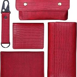 Clutch Passport Cover Card Holder Specs Cover & Keychain Gift Set | Faux Leather | Best Combo for Mother, Sister, Wife, Girlfriend, Etc (Red)-35