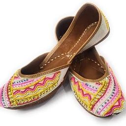 Mirha Fashion Punjabi Jutti White with Colourful Beads Work with Double Padded Cusion Punjabi Jutti for Women & Girls,Traditional/Bridal/Ethnic Wear-50