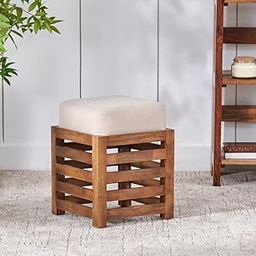 LUXURY ARTS Solid Wood Stool with Cushion for Living Room & Bedroom – Multipurpose Wooden Puffy for Sitting, Dressing Table & Footrest – Honey Finish Square Ottoman for Home-15