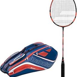 BABOLAT X-Feel Blast HIGH Modular Full Graphite UNSTRUNG Badminton Racket with Blue White Holder X8 Double Compartment KITBAG-24