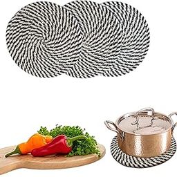 SereneHomes Round Cotton Trivet Set of 3 (18 cm) for hot pots for Dining Table and Kitchen countertop, Thick and Sturdy, Boho Table Decor_Jute Brown Black-image-4