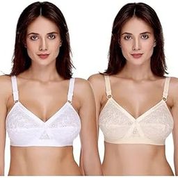 Women’s Cotton Lace Non-Padded Wire-Free Bra - Pack of 2 - Comfortable Everyday Support - White & Nude-image-66