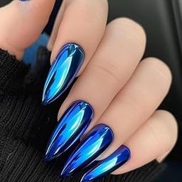 Style Castey Blue Chrome Almond Nails – Glossy Metallic Blue Press-On Nails-50